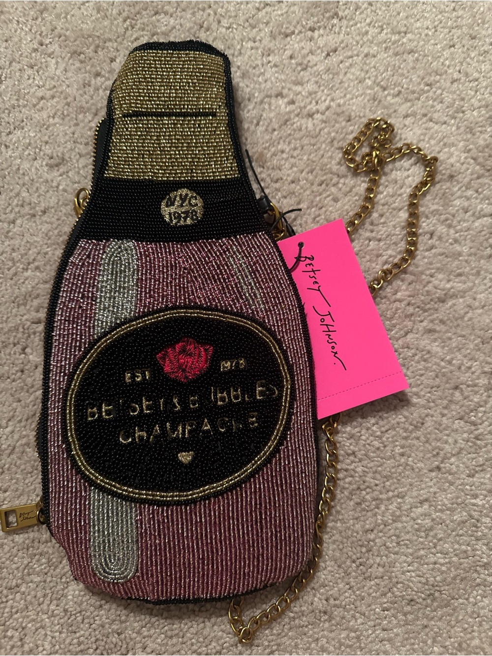 Betsey Johnson Pink, Gold & Black Champagne Bottle Beaded Crossbody